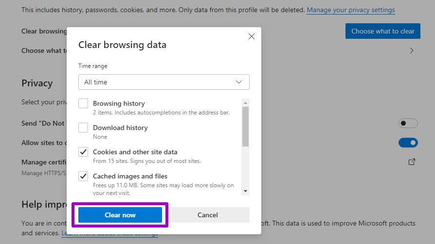 clear microsoft edge cache